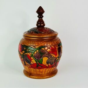 Hand Carved Painted Multicolor Wooden Decorative Jar